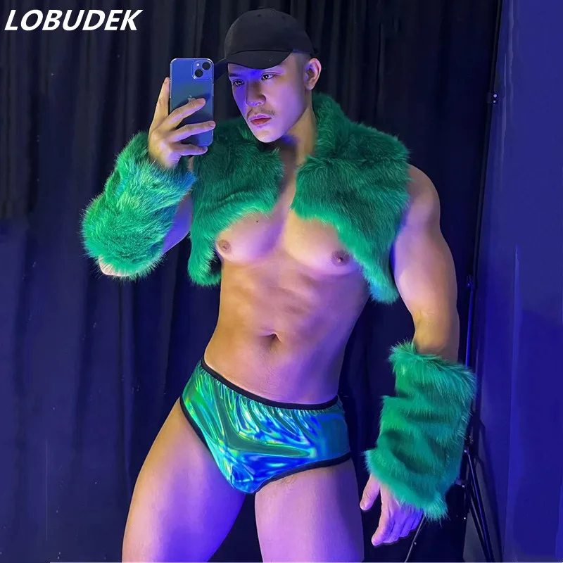 Ночной клуб Вечеринка Клуб Rave Muscle Man Gogo Сексуальный костюм Зеленый меховой жилет Манжеты Шорты Комплект Бар DJ Pole Dance Performance Сценическая одежда
