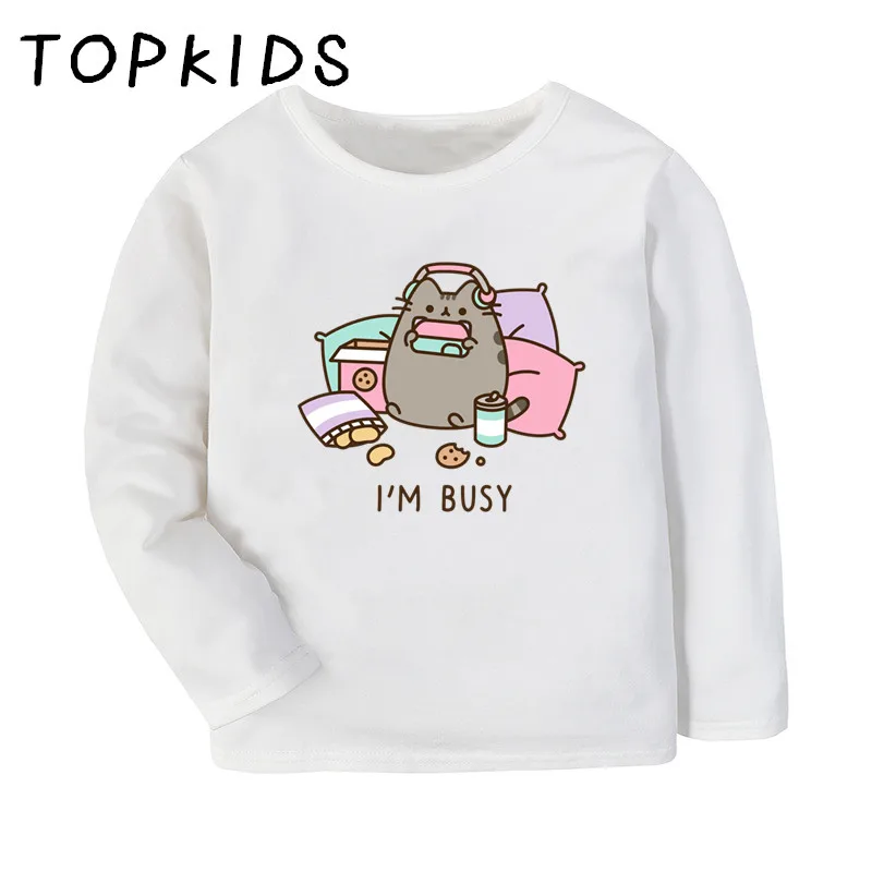 2021 дети Kawaii футболка с толстым котом; С героями мультфильмов из хлопка с принтом хлопковая Футболка детская верхняя одежда свободного кроя ...