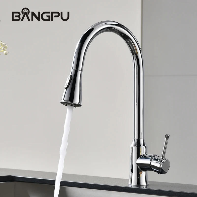 Кухонный выдвижной смеситель BANGPU, кран для раковины с 1 отверстием, струйный распылитель, хромированный, с одной ручкой, из твердой латуни