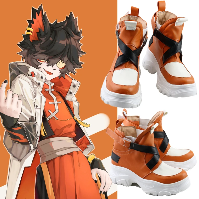 Фото Arknights Aak, парики для косплея, хвостовые уши и белые оранжевые туфли, длинные сапоги для косплея, кожаные сапоги на заказ для вечеринки, Рождества, Хэллоуина №2