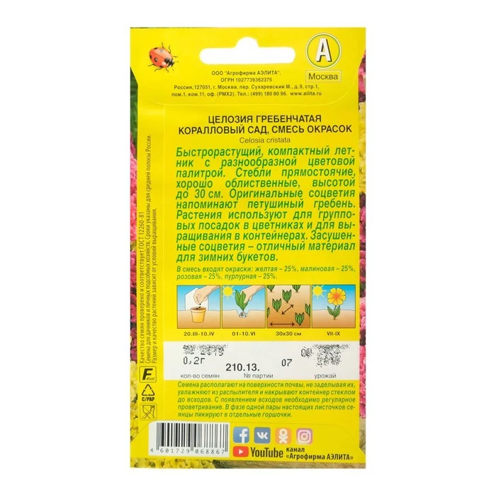 Семена цветов Целозия гребенчатая Коралловый сад, смесь окрасок, О, 0,2 г 1314139 (art.: 3920b895bc49a) - 3920b895bc49a
