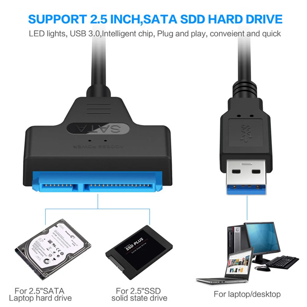 Фото Кабель USB 3.0 SATA 3 Адаптер Sata-USB на 6 Гбит/с Поддержка 2,5-дюймового внешнего жесткого диска SSD HDD 22-контактный кабель Sata III №4