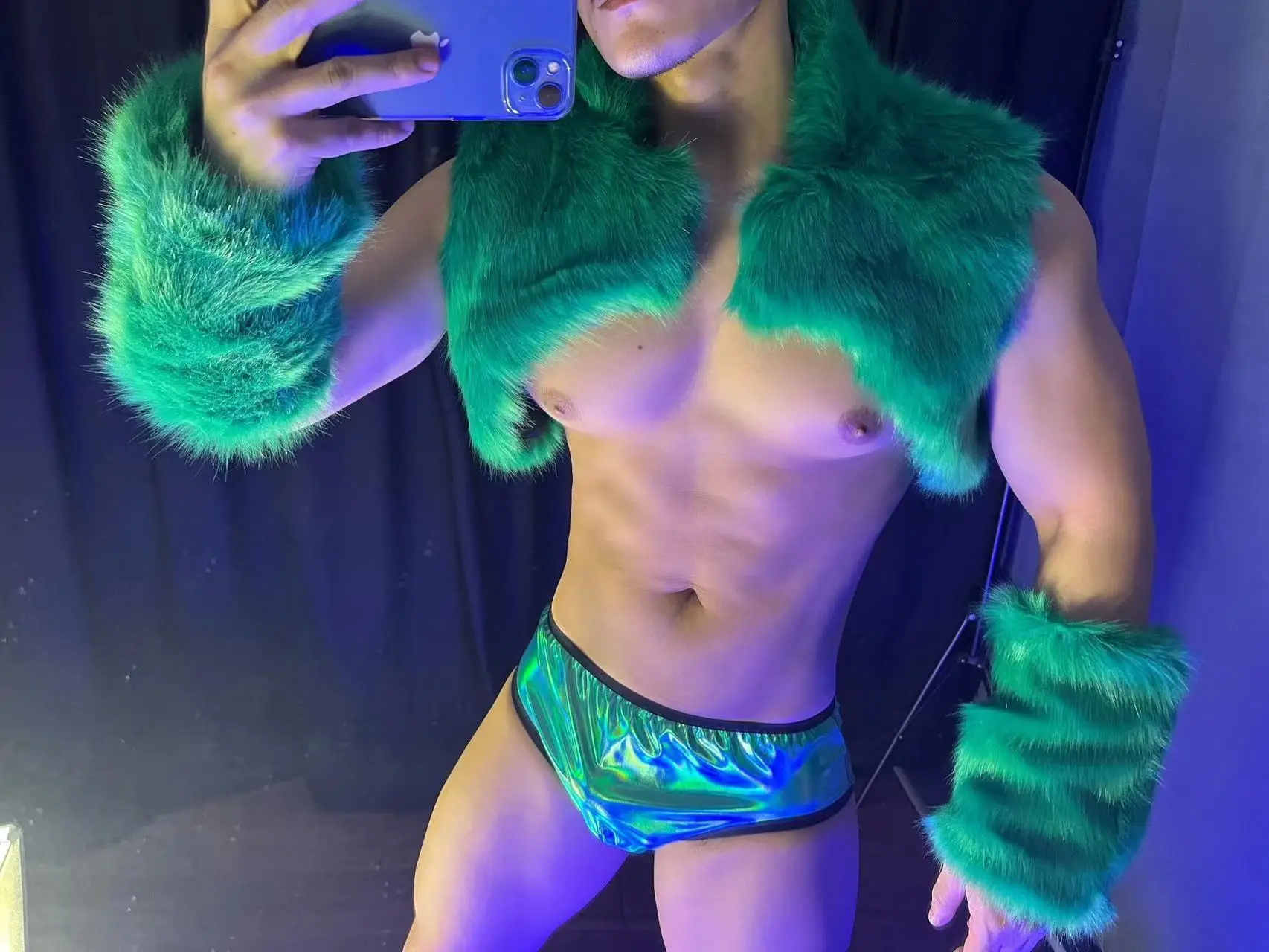 Фото Ночной клуб Вечеринка Клуб Rave Muscle Man Gogo Сексуальный костюм Зеленый меховой жилет Манжеты Шорты Комплект Бар DJ Pole Dance Performance Сценическая одежда №5