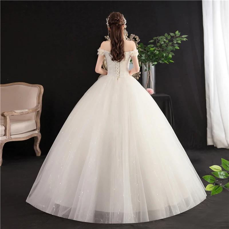 Фото Новое сексуальное свадебное платье Vestidos de Novia с открытыми плечами и рукавами, кружевное бальное платье с вышивкой и цветами, свадебное платье принцессы №2