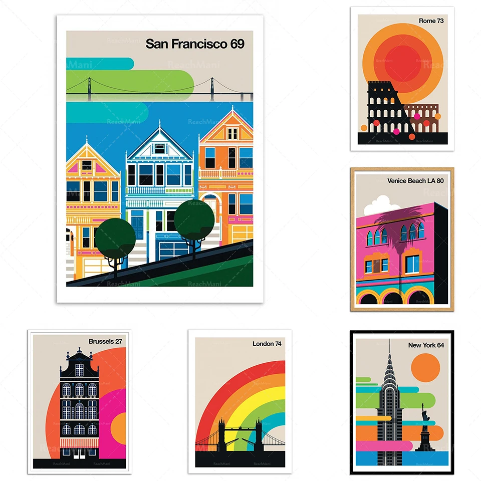 Художественный постер Lundberg-London-San Francisco-Los Angeles-New York-Venice Beach, мультфильм, путешествия, холст, картина, постер, украшение на стену