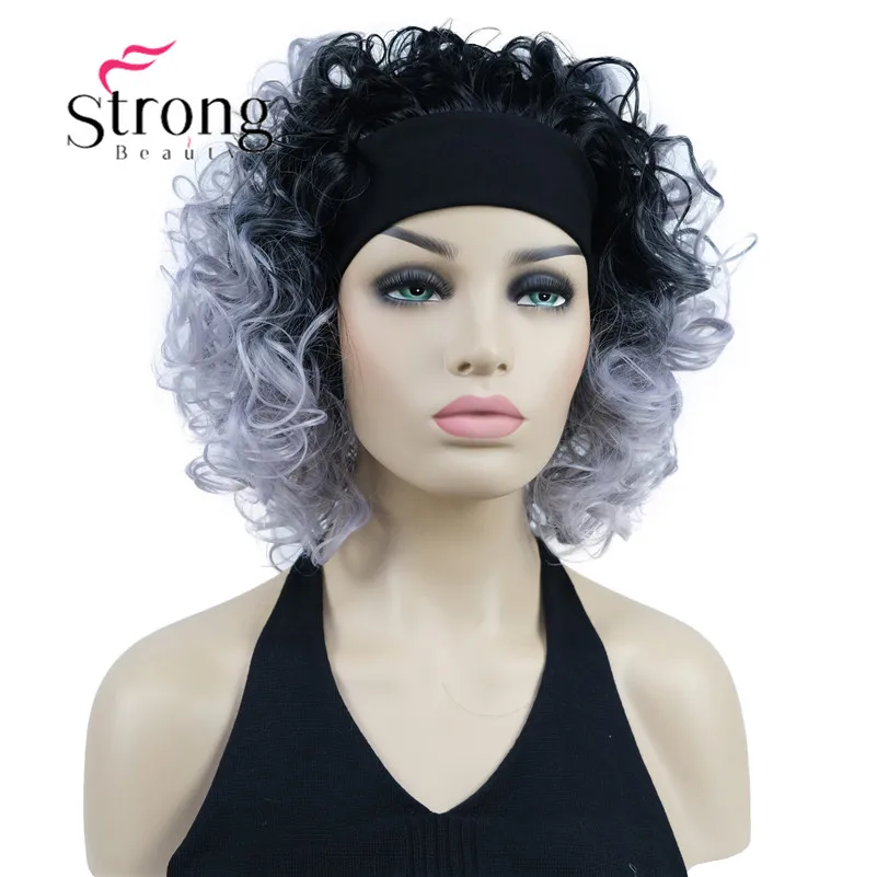 StrongBeauty Ombre Серебристо-серый с черным коротким вьющимся синтетическим женским полупариком с повязкой на голову