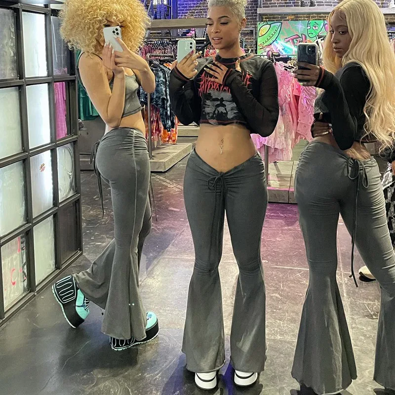 Лямки Y2K пикантные расклешенные Броши Vrouwen, треккорд, Ruches Lange Broek Femme, эластичная Повседневная Уличная мода, бандаж Bodems