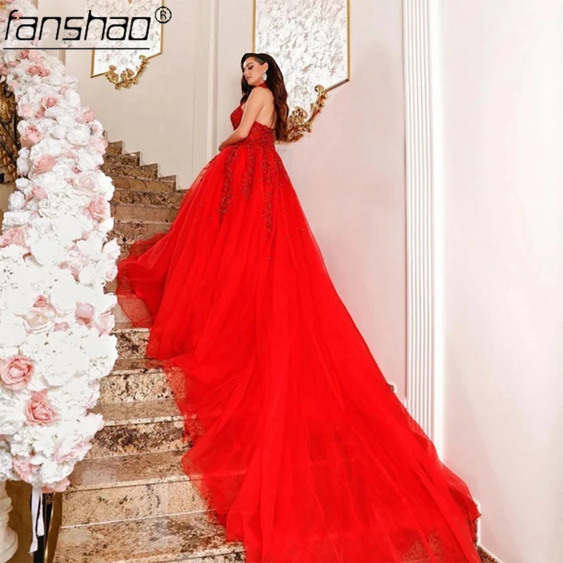 Женское платье для свадьбы Fanshao, красное фатиновое платье без рукавов с лямкой на шее, бальное платье с большим хвостом для Среднего Востока