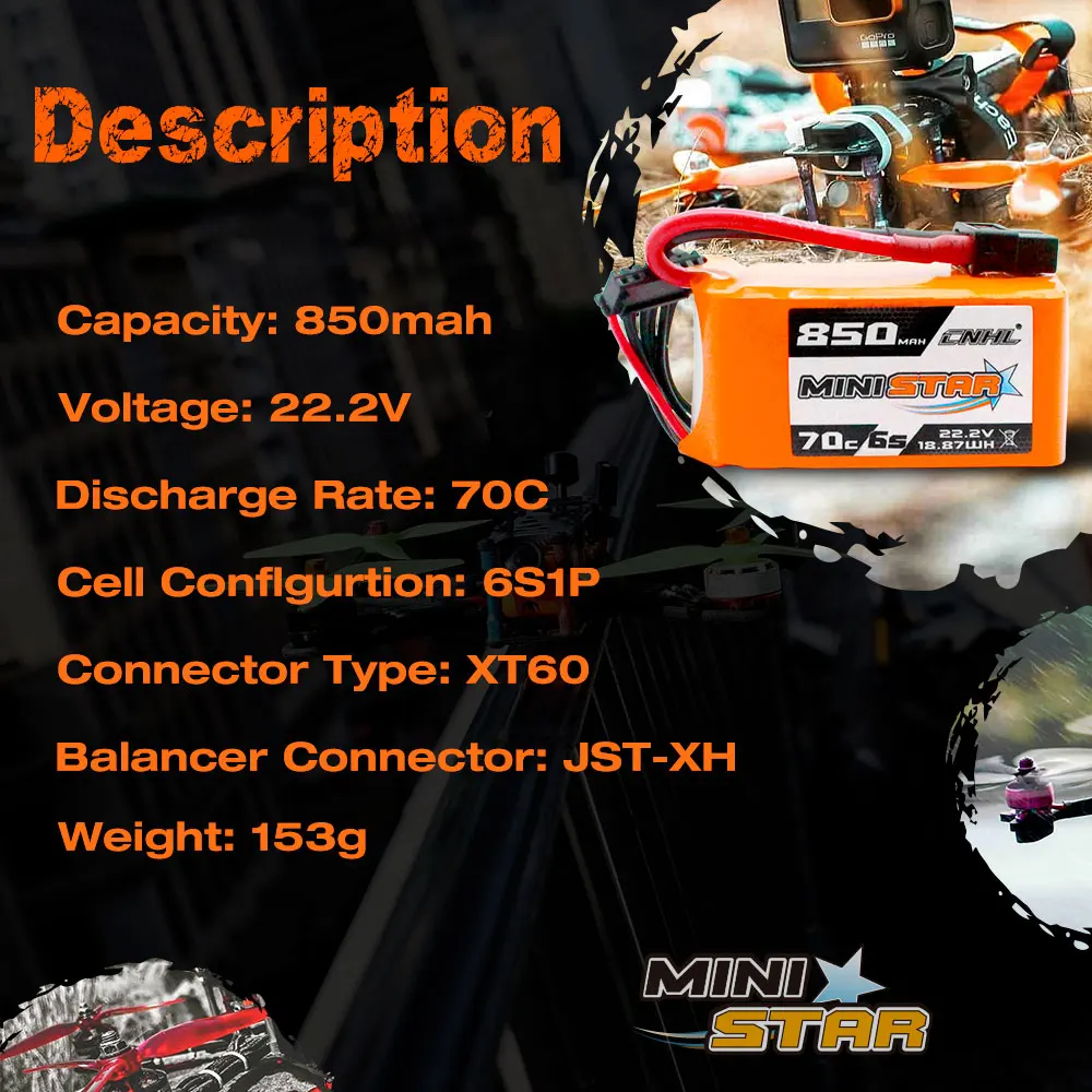 Фото Аккумулятор CNHL Lipo 6S, 22,2 в, 850 мАч, 70C, системная серия XT60 для мини-фотоаппарата, радиоуправляемого квадрокоптера, вертолета, самолета №2