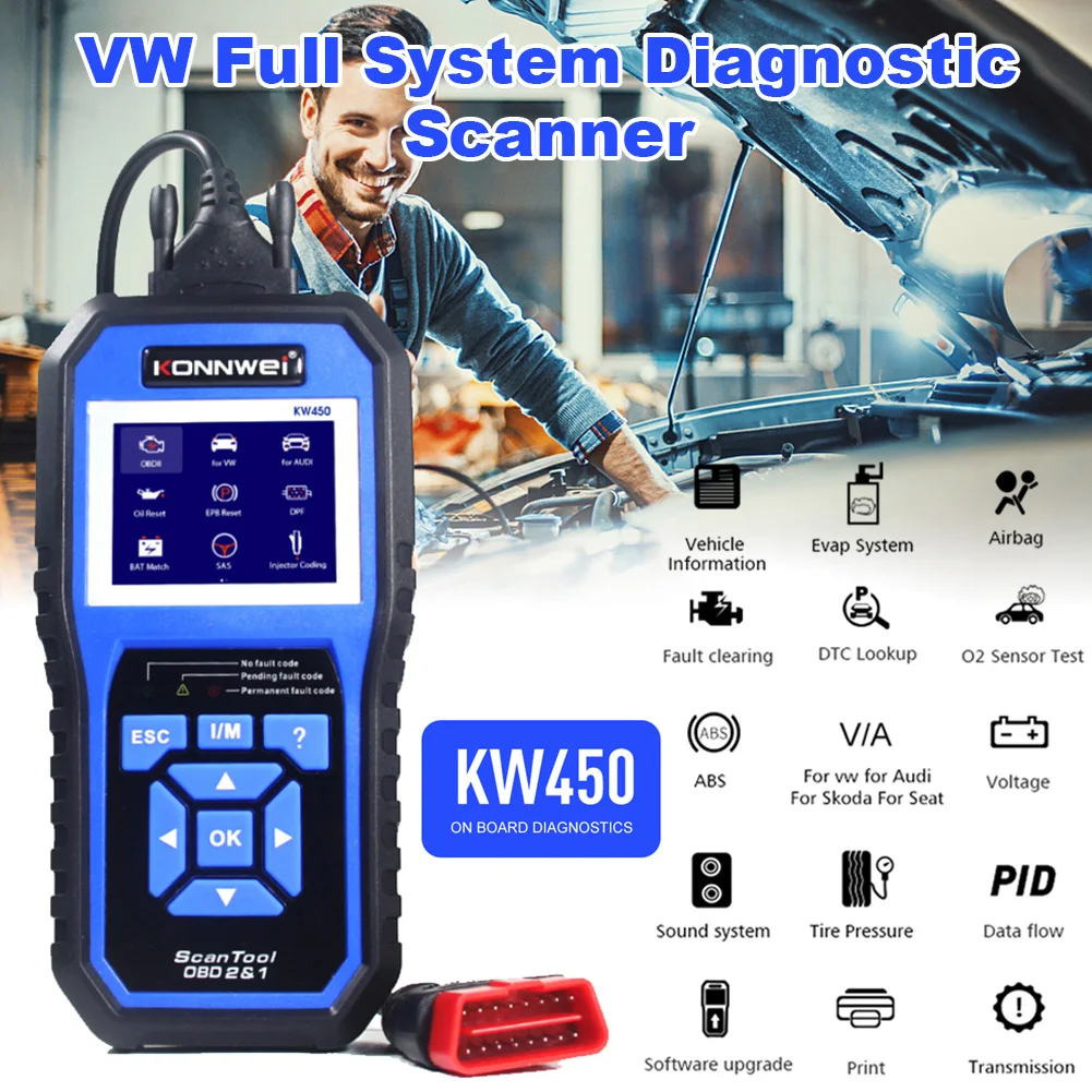 Фото Автомобильный сканер KW450 OBD2 считыватель кодов OBD II автомобильный диагностический сканер для VW forAudi forSeat forSkoda профессиональные автомобильные... №3