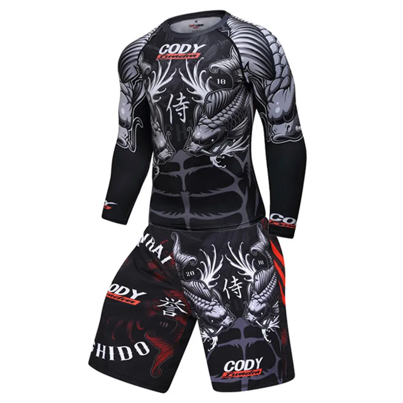 Фото Мужской набор для бокса, спортивный трикотаж + штаны, Рашгард MMA, комплекты для кикбоксинга, Компрессионные спортивные трикотажные костюмы, ... №5