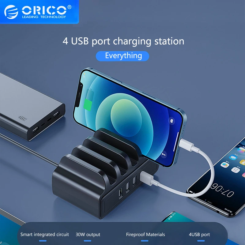 Фото ORICO 4-портовое USB-зарядное устройство, док-станция с держателем, 12 Вт, 5 В, 2,4 А, бесплатный USB-кабель для зарядки для iphone, Samsung, Xiaomi №2