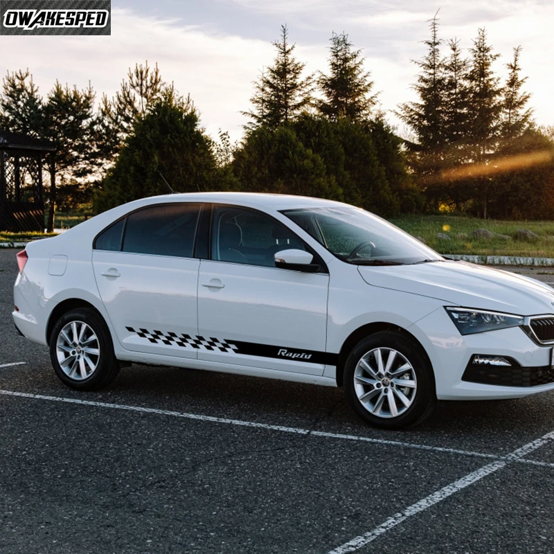 2 шт. для Skoda Rapid Racing, спортивные полосы, боковая юбка на дверь автомобиля, наклейка, декор кузова, виниловая наклейка, шестигранная графика, аксессуары