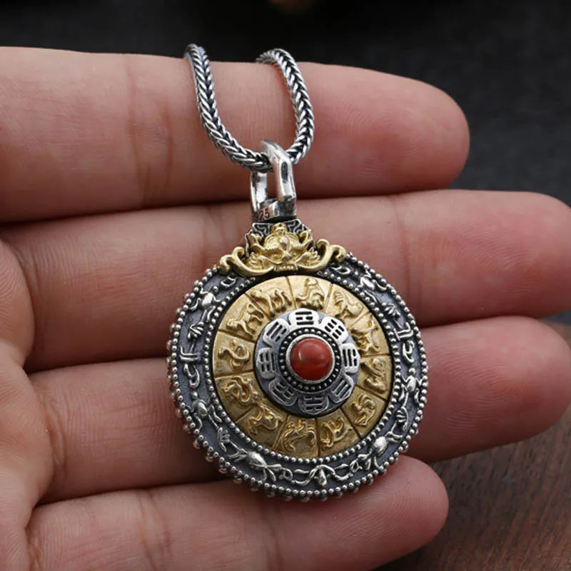 Стерлинговое серебро S925, тайское серебро с гравировкой зодиака Манджури, кулон с девятью дворцами, круглое ожерелье с вращающимся буддизмом