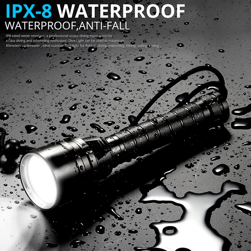 Фото Светодиодные фонарики высокой мощности IPX8 T6, водонепроницаемый супер яркий фонарик для подводного плавания с батареей 18650, подводный фонар... №3