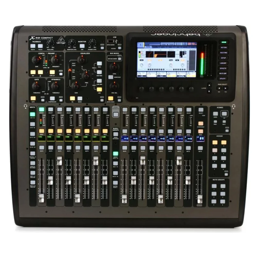 Компактный цифровой аудиомикшер Behringer X32 с 16 программируемыми микрофонными предусилителями, 17 моторизованными фейдерами, виртуальной стойкой FX и 7-дюймовым цветным TFT