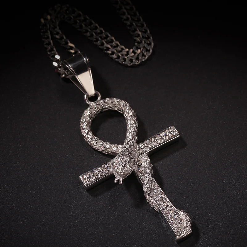 Хип-хоп Bling Iced Out Стразы Цвет Золото Серебро Нержавеющая Сталь Змея Анк Крест Кулон Ожерелье для Мужчин Рэпер Ювелирные Изделия (art.: 3920d23b280c3) - 3920d23b280c3