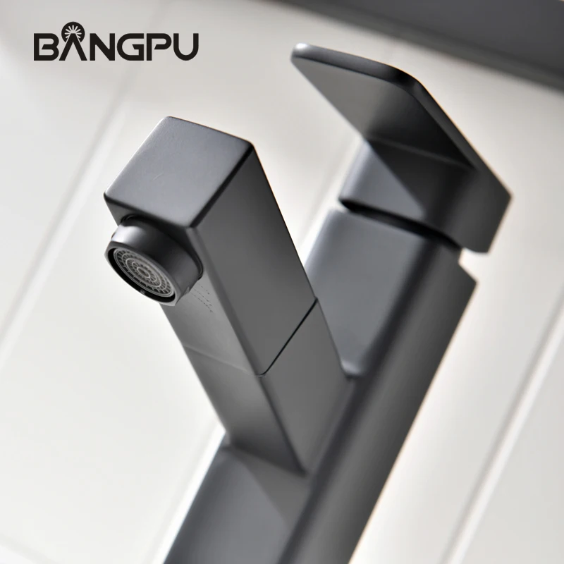 Фото Черный смеситель для раковины BANGPU, выдвижной смеситель для раковины с 1 отверстием, смеситель для ванной комнаты, смеситель для раковины, смеситель с одной ручкой для крепления на раковину №4