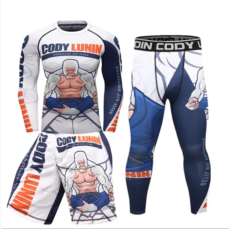 Фото Мужские Компрессионные спортивные костюмы MMA, спортивные колготки, тренировочная одежда, Быстросохнущий Спортивный комплект для бега, Рашг... №5