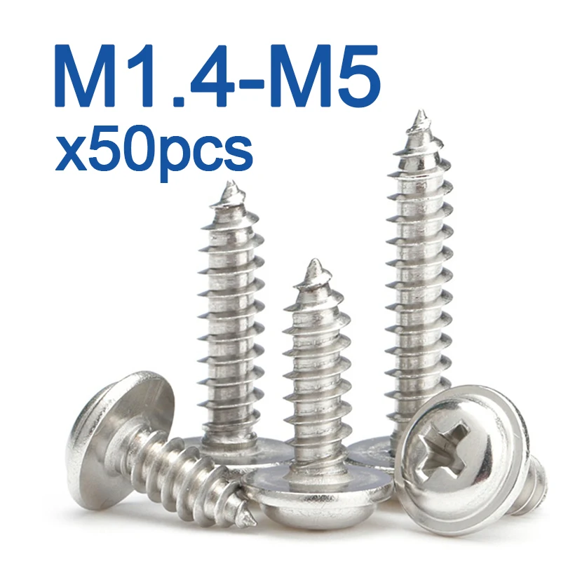 50 шт./лот M1.4 M1.7 M2 M2.6 M3 M3.5 M4 M5 304 нержавеющая сталь Cross PWA Phillips Pan круглая головка с шайбой Самонарезающий винт