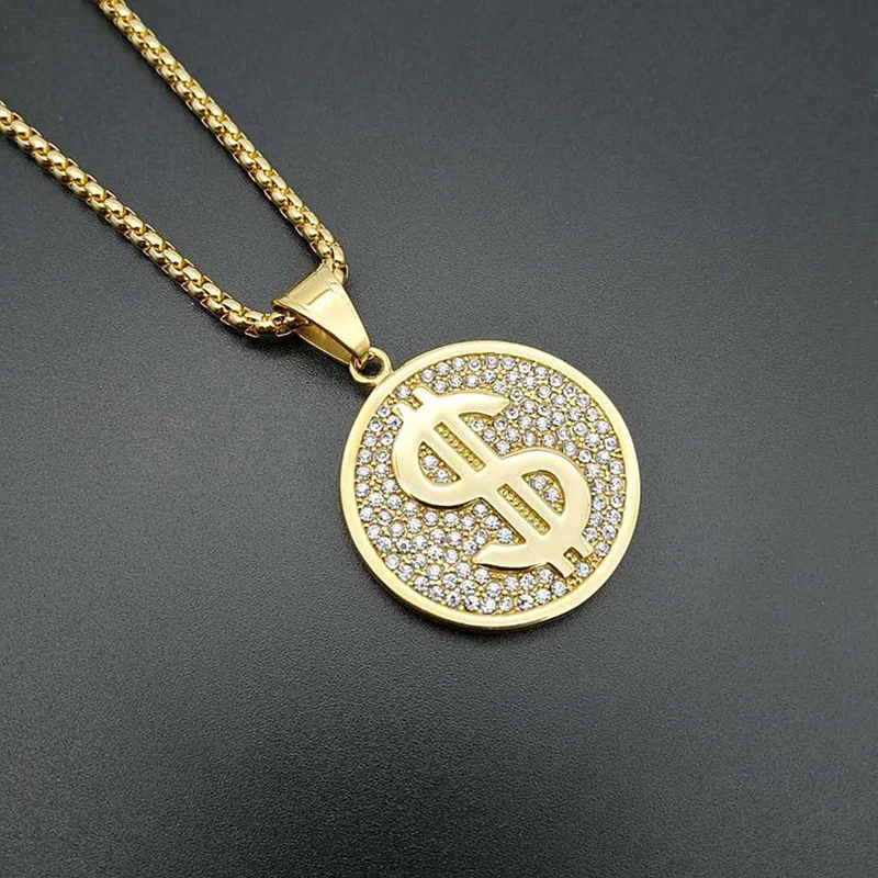 Фото Хип-хоп Bling Iced Out из нержавеющей стали знак доллара круглые подвески ожерелье для мужчин рэпер ювелирные изделия золотого цвета Прямая доставка №5