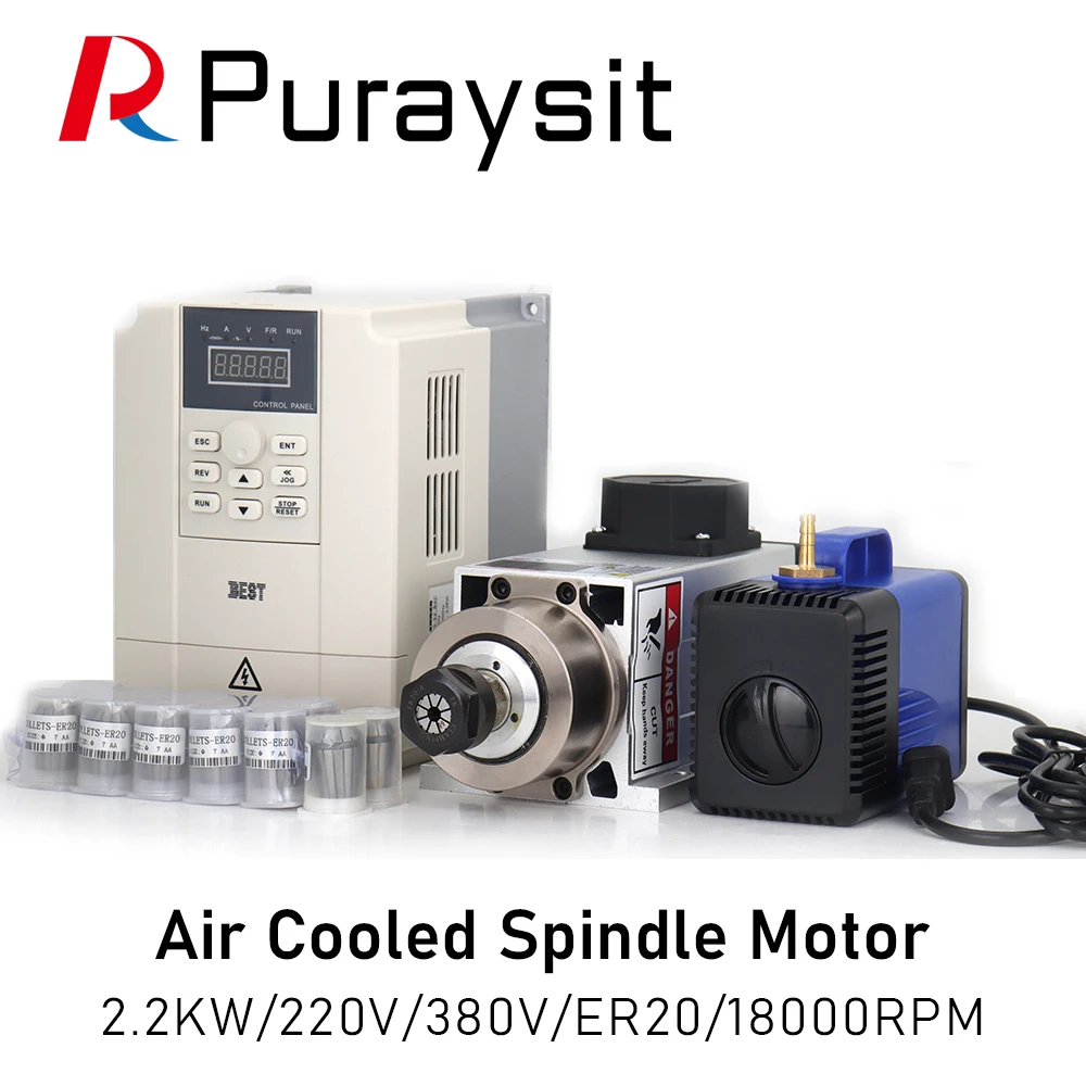 Puraysit CNC 220 В 380 В 2,2 кВт квадратный шпиндель с воздушным охлаждением 2,2 кВт фрезерный шпиндель с воздушным охлаждением + лучший инвертор VFD 2,2 кВт + 13 шт./компл. ER20