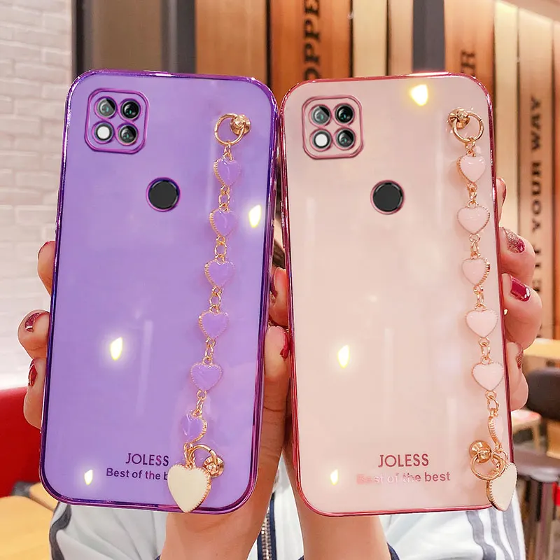 Чехол для Xiaomi Redmi 9C NFC, с цепочкой на запястье, с сердцем, роскошный, с защитой камеры, для Redmi 9C, Redmi 9C, фиолетовый