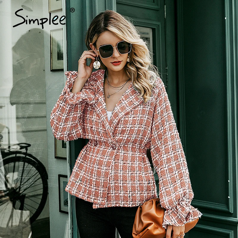 Фото Simplee Элегантная женская куртка из твида в клетку  с Фонарь длинным рукавом. Уличная одежда №5