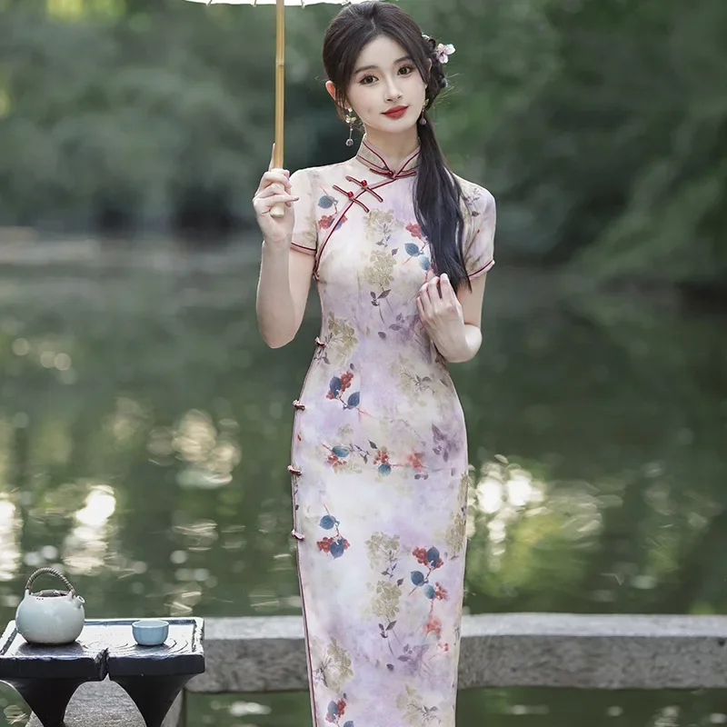 Новинка 2023 года, женское сексуальное платье Ципао Cheongsam, улучшенное платье в китайском стиле, повседневная верхняя одежда, двухслойное шифоновое банкетное платье, Vestidos (art.: 3920cf1ffa72f) - 3920cf1ffa72f