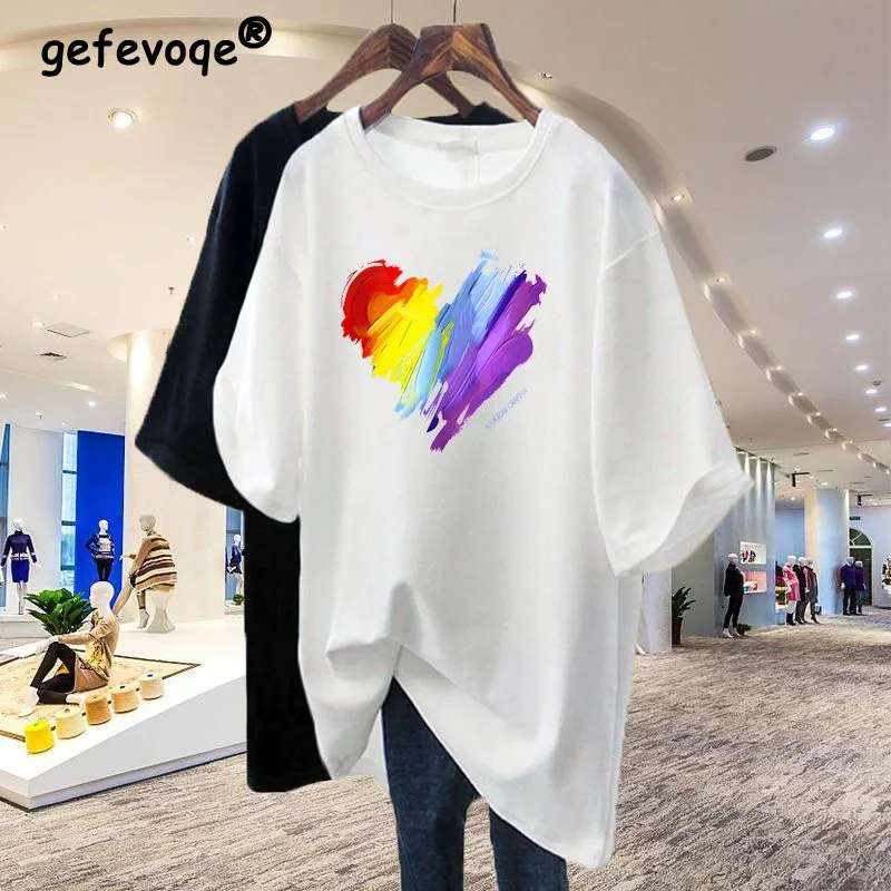 Женский пуловер из чистого хлопка Rainbow Love, белая футболка с коротким рукавом и круглым вырезом, свободный облегающий Топ средней длины на лето