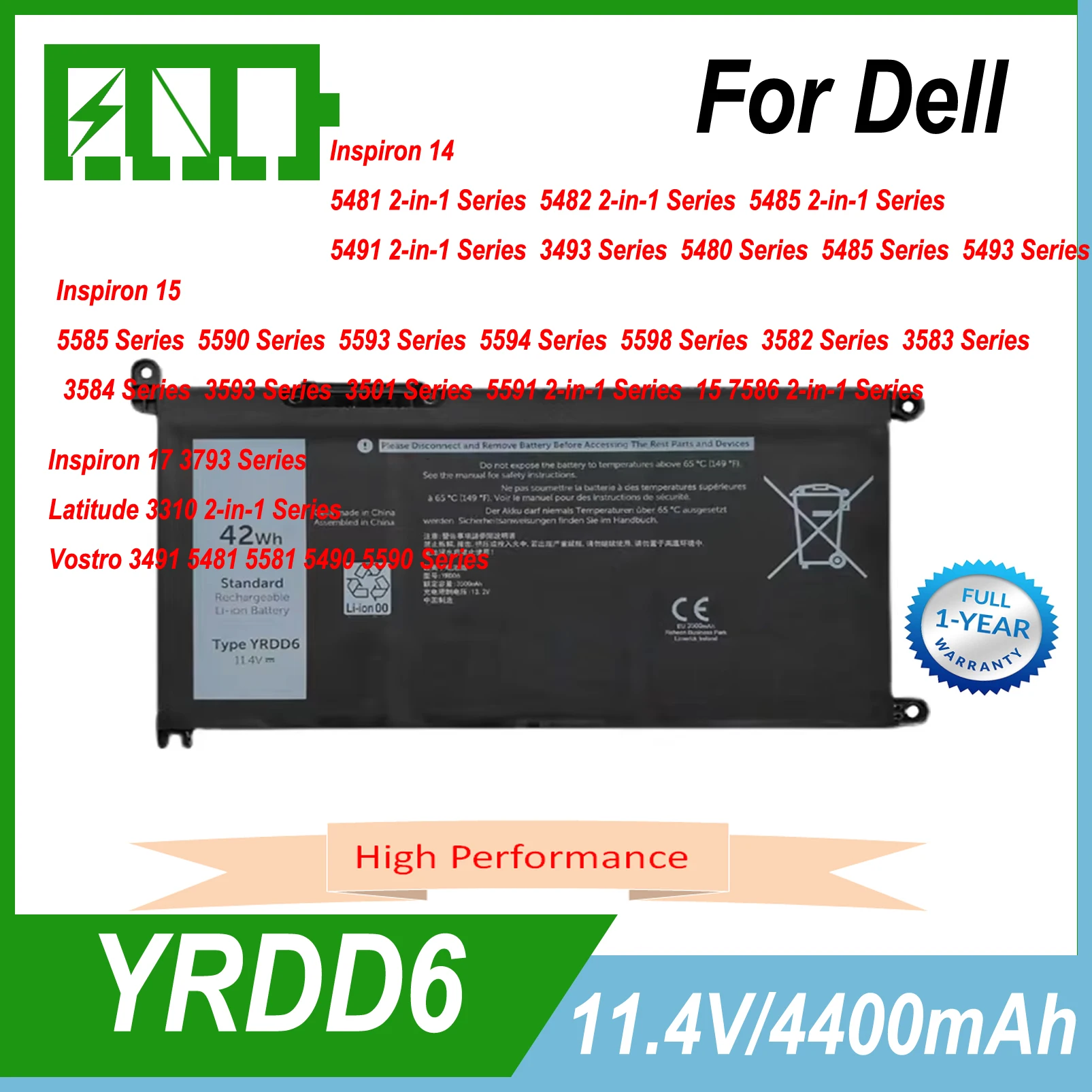 YRDD6 Аккумулятор для ноутбука Dell Latitude 3300 3401 3379 Vostro 3491 3501 3590 3490 3591 5490 5581 5481 3400 3401 3405 3500 42 Втч
