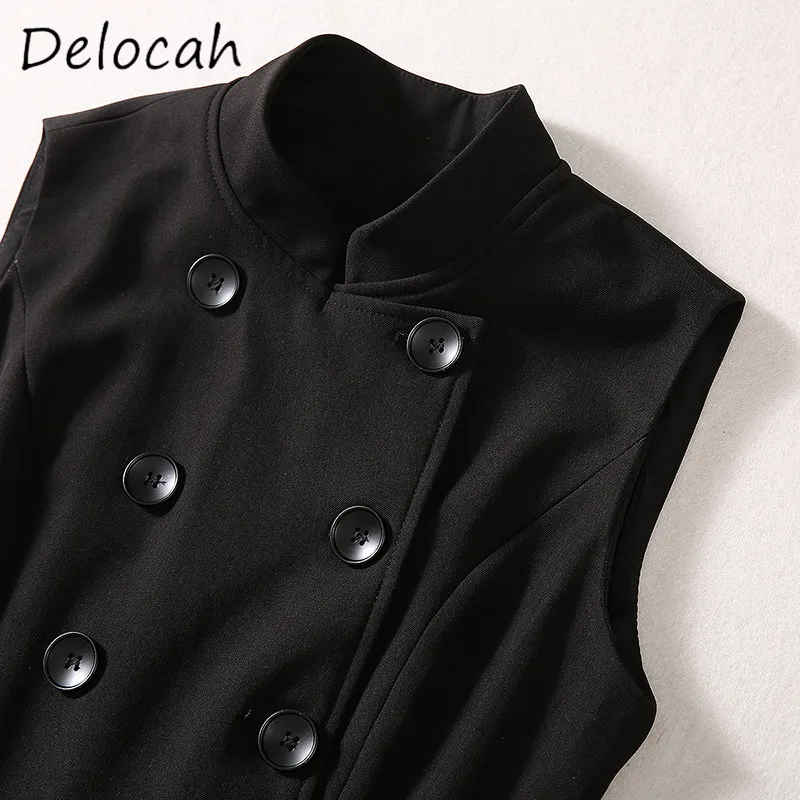 Фото Delocah модная женская одежда дизайн с круглым вырезом двухрядная пряжка темперамент черное утягивающее элегантное большое распашное платье без рукавов №4