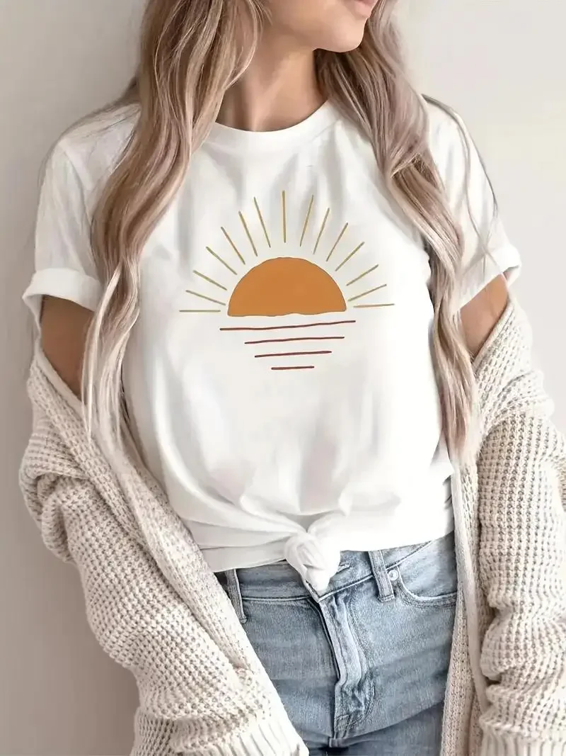 Kaus lengan pendek, pakaian wanita nyaman katun lengan pendek, Kaus musim panas, atasan Crewneck semua