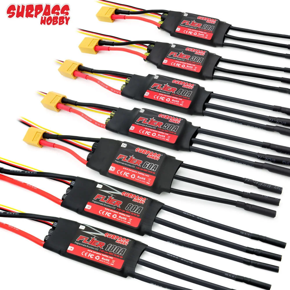 1 шт. SURPASS HOBBY Flier 20A 30A 40A 50A 60A 80A 100A бесщеточный регулятор скорости ESC с BEC 2-6S для радиоуправляемого вертолета, самолета