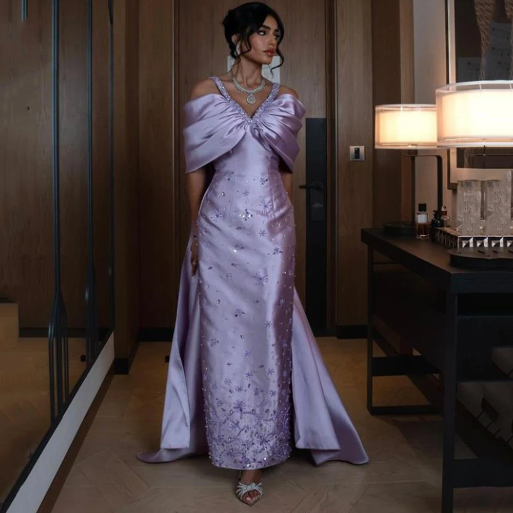 Customized Spagehtti Sequined lavender Satin Luxury Evening Dress Sexy Backless Sweep Train Appliques A-line Party Dress Elegant
