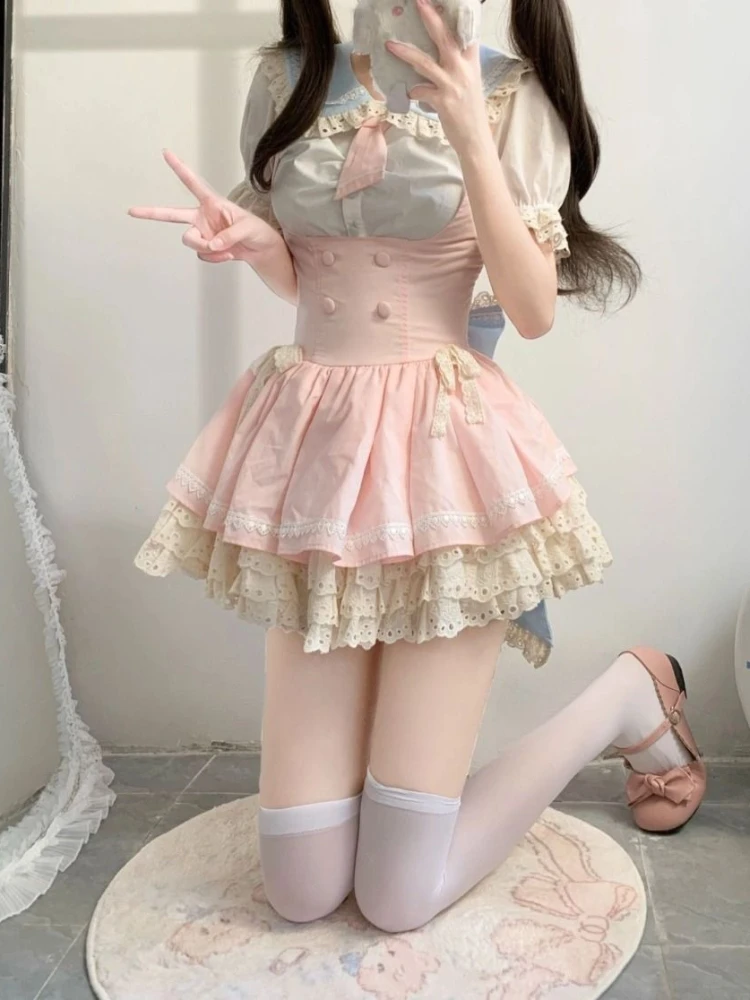 Японская Лолита Sweet JK, комплект из 2 предметов, женская милая рубашка с кукольным воротником + короткая юбка с ремешком для торта, новый кавайный модный шикарный наряд 2025