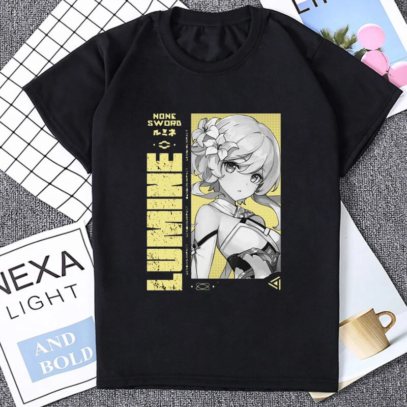 Футболка Waifu Lumine Genshin Impact с графическим принтом Otaku, футболка с коротким рукавом и круглым вырезом для фанатов игры, уличная одежда, хипстерские мужские футболки