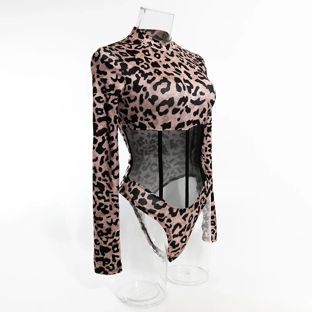Leopard Print Women Mesh Bodycorn Bodysuit Long Sleeve Sexy Bodysuit Stand Colloar Body Femme