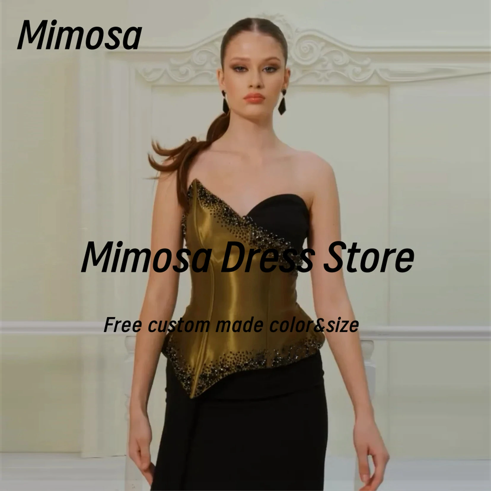 Фото Mimosa из двух частей, платья для выпускного вечера 2021, расшитое бисером милое вечернее платье на шнуровке сзади, черные вечерние платья для женщин в Саудовской Аравии по индивидуальному заказу №3