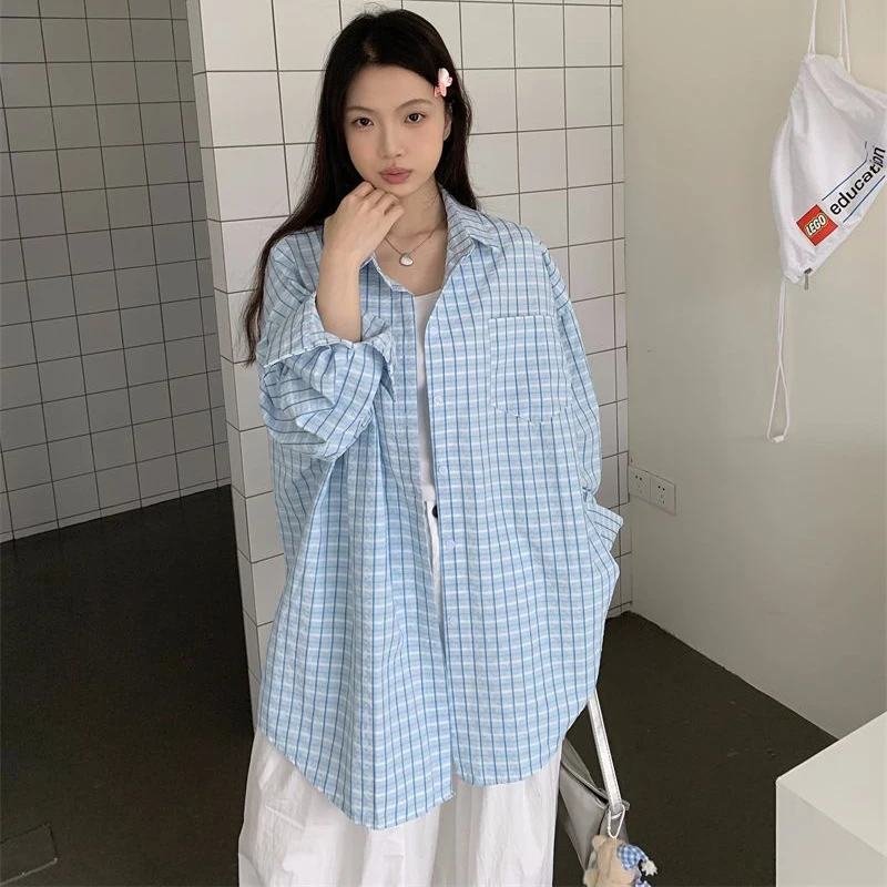 Harajuku свободная клетчатая рубашка женская весна лето негабаритная блузка с отложным воротником женская корейская шикарная рубашка с длинным рукавом женские (art.: 3920cd317e76b) - 3920cd317e76b