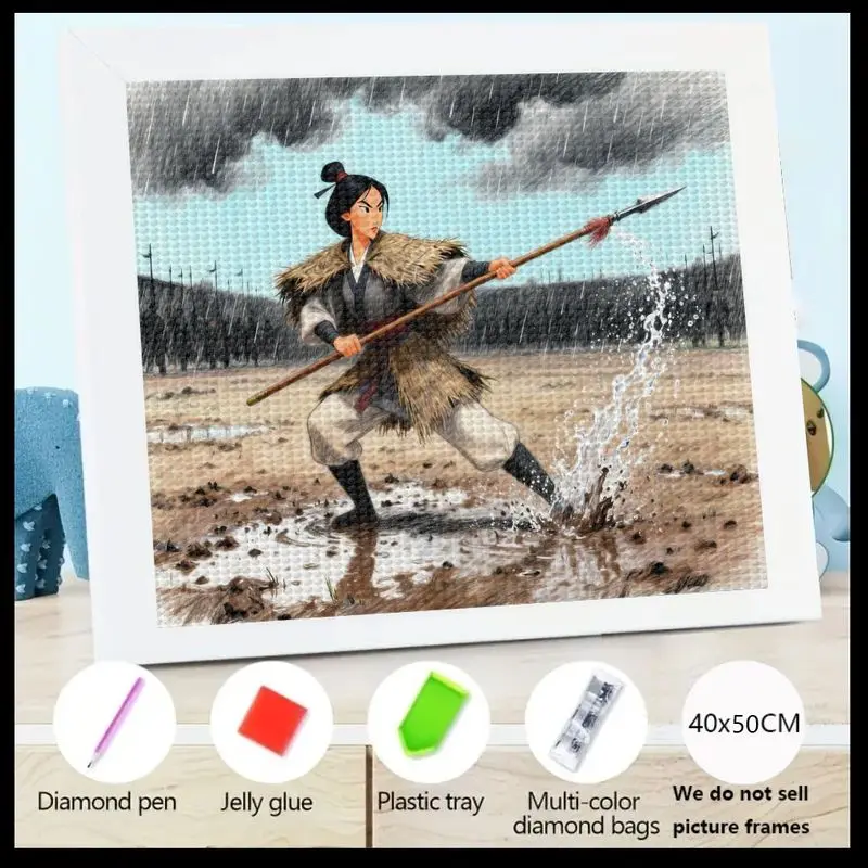 1 шт. 5D DIY Full Drill Diamond Painting Kit, Brave Female Warrior Mulan с копьем в дождливом поле, потрясающий экшн-арт Diam