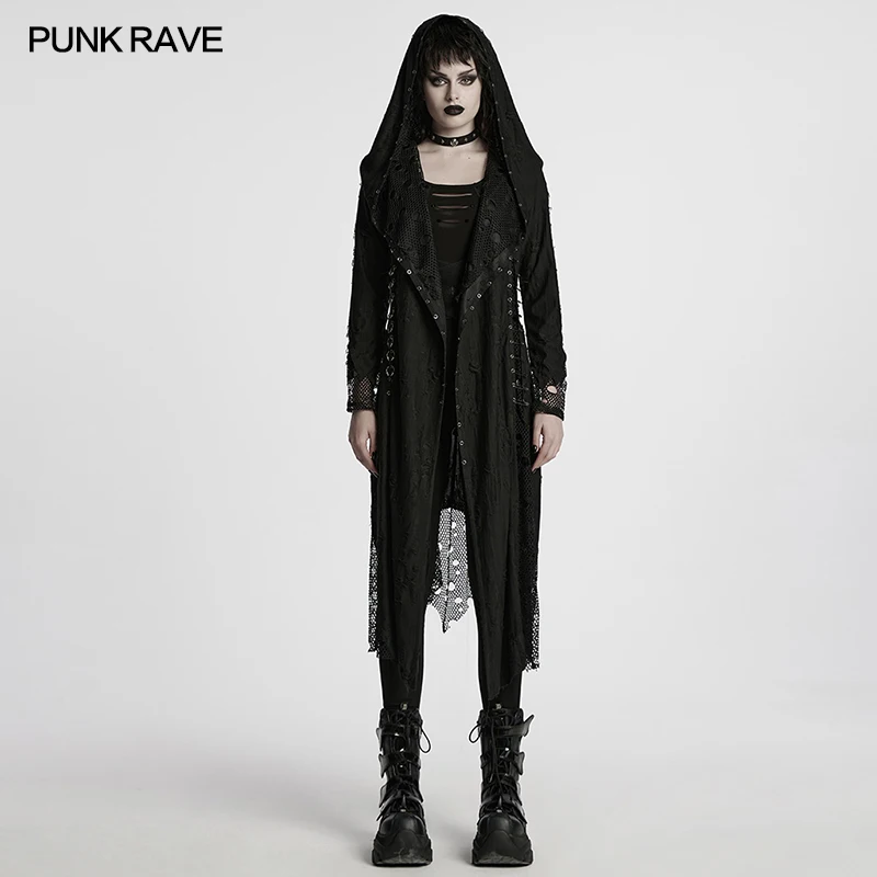 PUNK RAVE женское готическое декадентское двухслойное вязаное пальто с капюшоном из асимметричной сетки темные повседневные длинные куртки