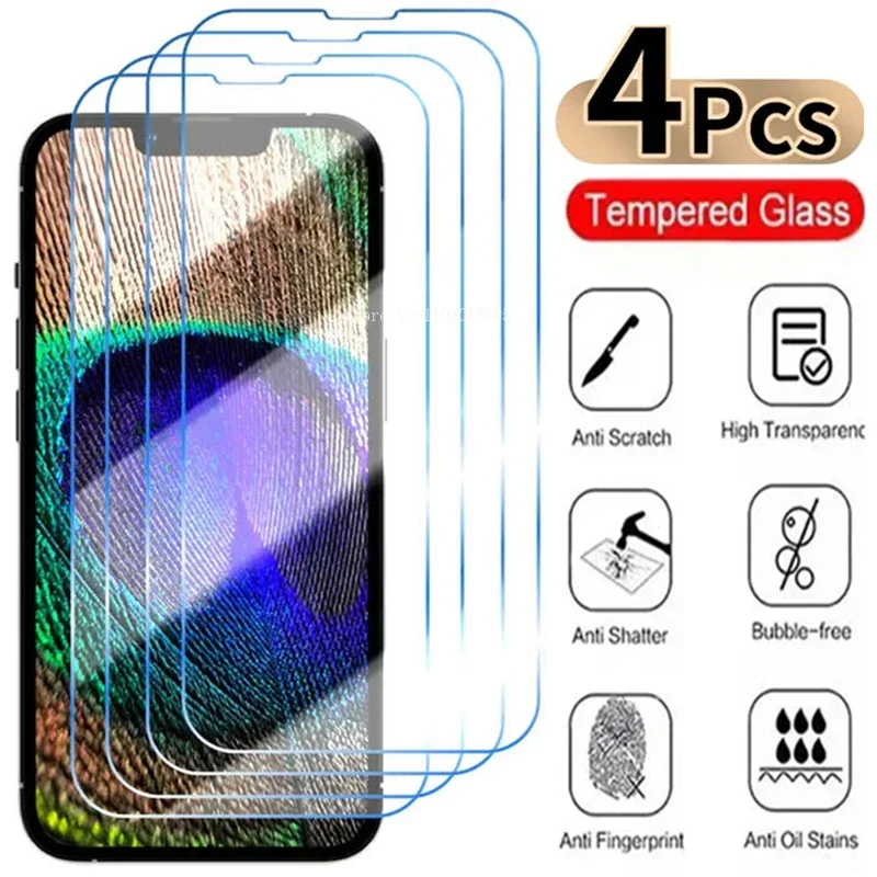 4 шт. закаленное стекло для iPhone 15 14 13 12 11 Pro Max Mini Защита экрана для iPhone 14 15 Plus XR X XsMax полное покрытие стекло