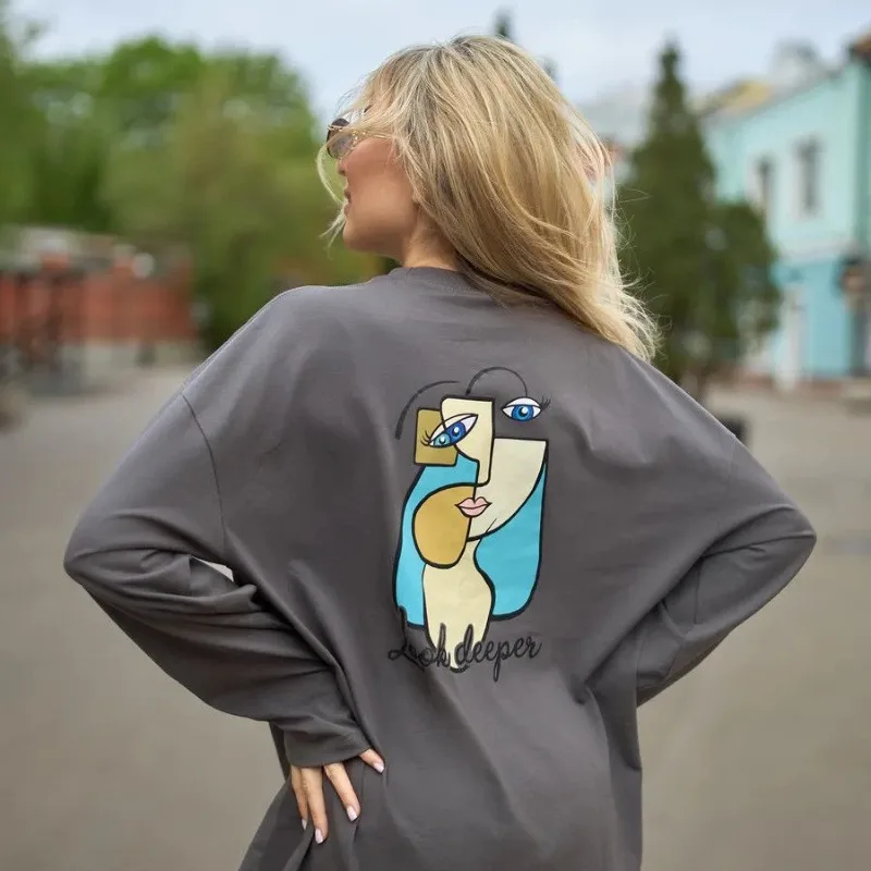 Фото Уличная мода, футболки с длинными рукавами и рисунком лица, пуловер, свободный свитшот большого размера, серо-белый милый топ с героями мультфильмов, забавный дизайн №4