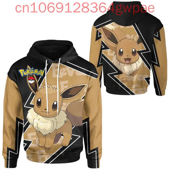 Фото Новинка 2025 года, толстовка с 3d принтом Pokemon Eevee для мужчин и женщин, повседневная толстовка, милая толстовка с капюшоном, модная уличная одежда, пуловер с капюшоном №2
