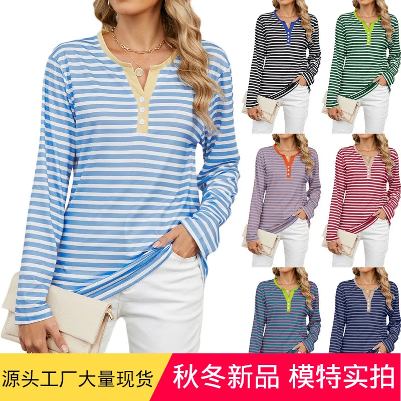 Baju wanita lengan werk longgar dengan corak jalur bertentangan vari v-neck baruatique pourilang letà danır sejuk
