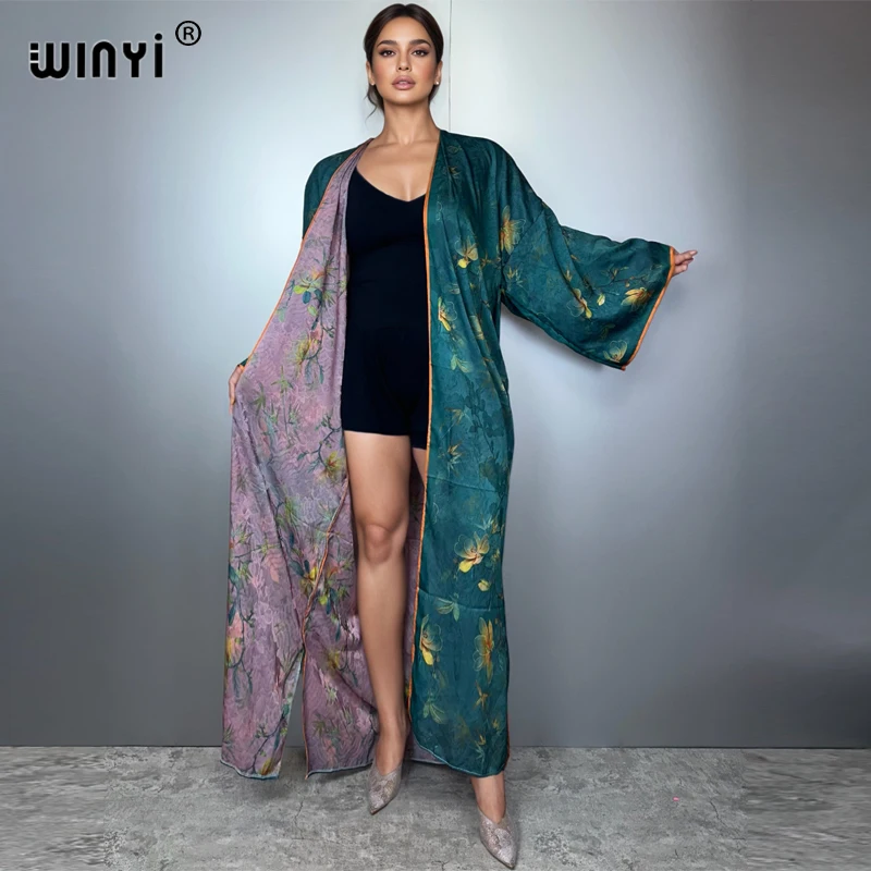 WINYI высококачественное двустороннее платье с принтом Абая Дубай, роскошное платье, пляжный кардиган, элегантное сексуальное праздничное кимоно с длинными рукавами
