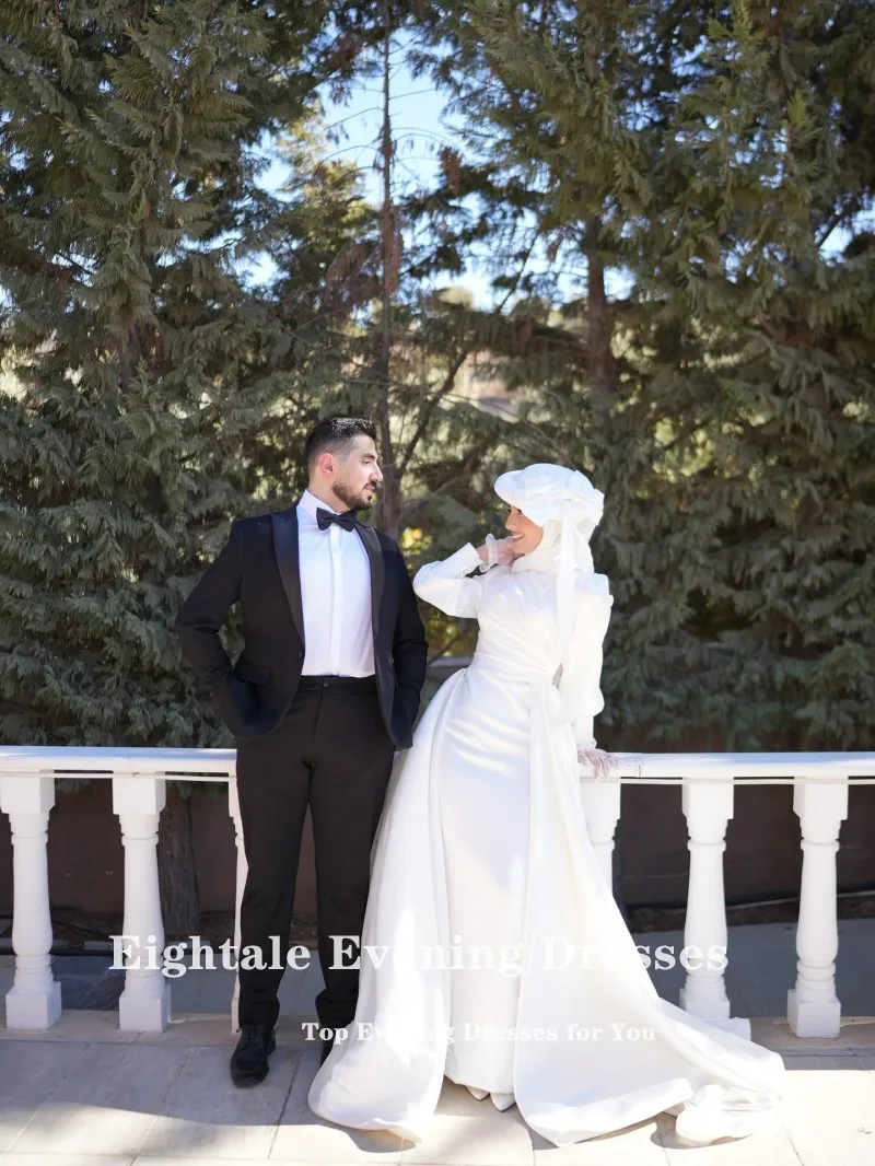 Фото Eightale арабское свадебное платье с круглым вырезом на заказ со складками цвета слоновой кости, атласное с длинными рукавами, мусульманское свадебное платье, вечернее платье русалки для невесты №3