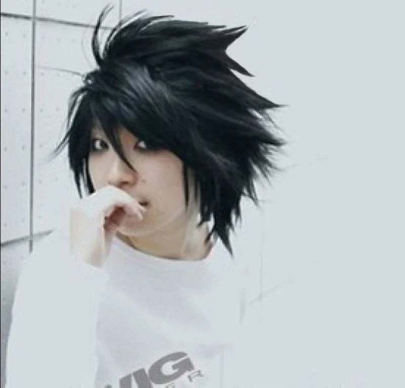Парик для косплея аниме Death Note L, короткие черные Лоскутные Многослойные термостойкие синтетические волосы с L.Lawliet, с шапочкой