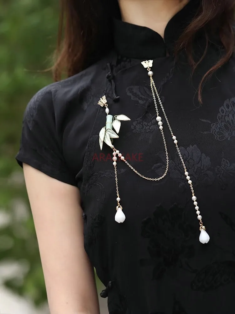 Подвеска на пуговицах Cheongsam в древнем стиле, элегантная подвеска с китайской кисточкой в виде листьев бамбука, брошь, классический аксессуар